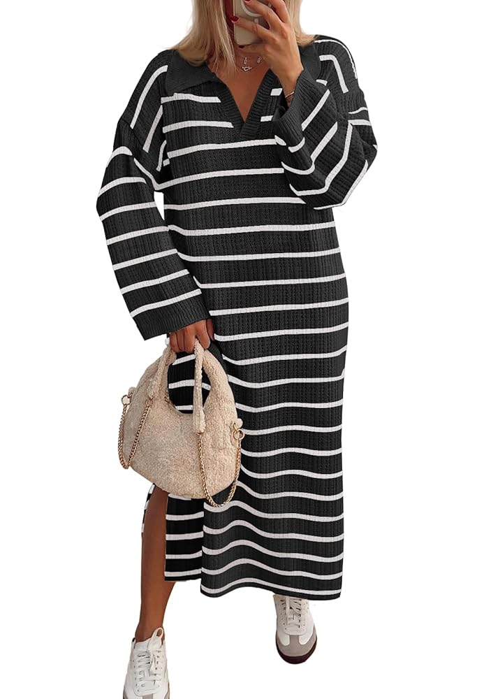 mero kitty MEROKEETY Women's 2024 Long Sleeve Striped Sweater Dress V